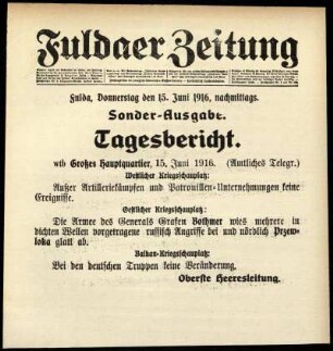 Erste Ausgabe vom Donnerstag, den 15. Juni 1916.