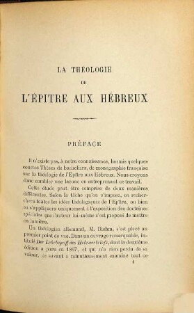 La Theologie de l'epitre aux Hebreux