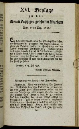 XVI. Beylage zu den Leipziger gelehrten Anzeigen - Zum 15ten Aug. 1796.