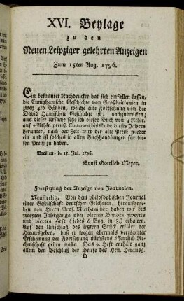 XVI. Beylage zu den Leipziger gelehrten Anzeigen - Zum 15ten Aug. 1796.