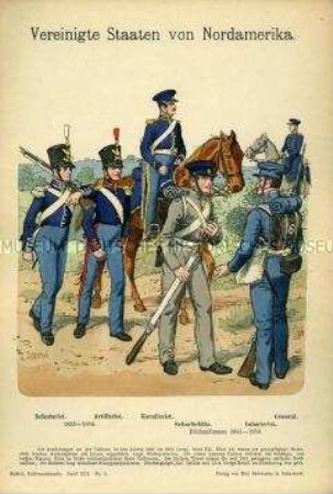 Uniformdarstellung, Gemeine der Infanterie, der Artillerie, der Kavallerie und der Scharfschützen, General, USA, 1835/1850.