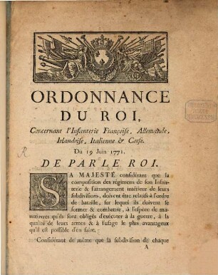 Ordonnance du roy concernant l'Infanterie française Allemande, Irlandoise, Ital. et Corse 1771
