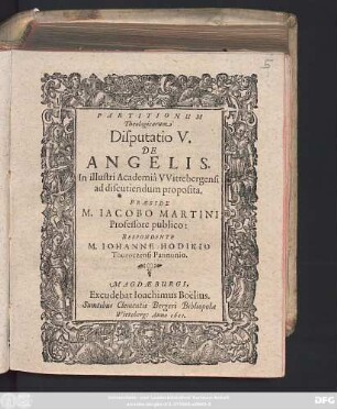 Partitionum Theologicarum Disputatio V. De Angelis
