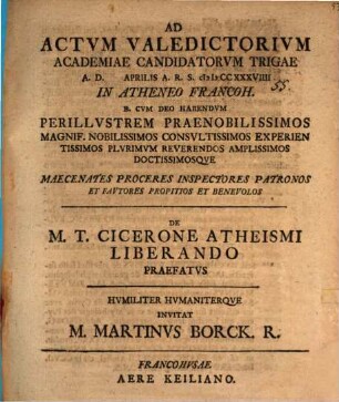 De M. T. Cicerone atheismi liberando praefatur