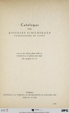 Catalogus van kostbare schilderijen, teekeningen en etsen : waarvan de veiling plaats heeft op dinsdag 27 januari 1942