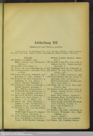 III. Häuserbuch : Abtheilung III. Alphabetisch nach Strassen geordnet