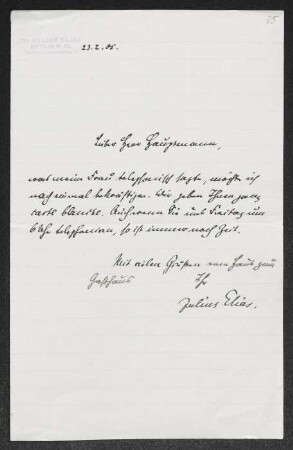 Brief von Julius Elias an Gerhart Hauptmann
