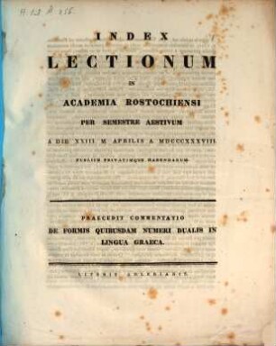 Index lectionum in Academia Rostochiensi ... publice privatimque habendarum. SS 1838