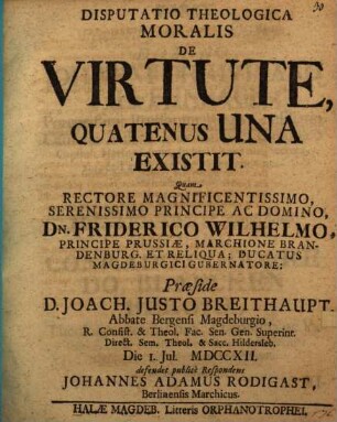 Disputatio Theologica Moralis De Virtute, Quatenus Una Existit
