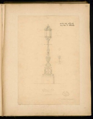 Gusseiserner Kandelaber Monatskonkurrenz Februar 1877: Teilgrundriss des Sockels, 2 Horizontalschnitte, Ansicht, Vertikalschnitt des Mittelstücks des Schaftes; 1:10