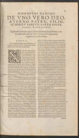 Hieronymi Zanchii De Uno Vero Deo, Aeterno Patre, Filio, Et Spiritu Sancto, Partis Posterioris, Liber Primus.