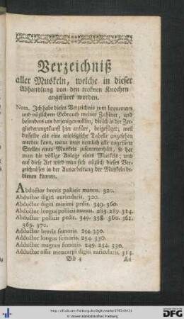 Verzeichniß aller Muskeln, welche in dieser Abhandlung von den troknen Knochen angefüret worden.