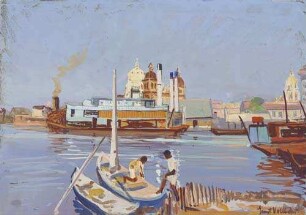 Blick vom Fleischmarkt auf Cartagena und typische Heckflußdampfer (Kolumbien)