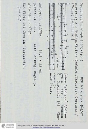 Ouverture a 2 Violin. Viola / e Cembalo. / Christoph Graupner.