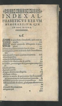 Index Alphabeticvs Rervm Memorabilivm, Qvae In Hoc Opere continentur.