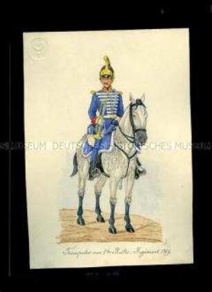 Uniformdarstellung, Trompeter vom 1. Reiter-Regiment zu Pferd, Sachsen, 1859.