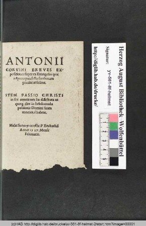Antonii Corvini Breves Expositiones super ea Euangelia quæ in præcipuis festis sanctorum prædicari solent : Item Passio Christi in sex conciones ita distributa ut quæ[que] dies in hebdomada passionis Domini suam concione[m] habeat.