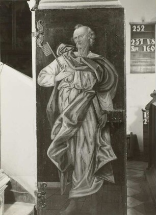 Döbeln, Nicolaikirche, Innenraum, Kanzel : Kanzeltür, Innenseite: Petrus, um 1600