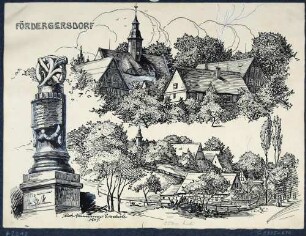 Drei Ansichten von Fördergersdorf (Tharandt) mit Kirche, Häusern und Denkmal