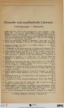 Deutsch und ausländische Literatur, Übersetzungen – Almanache (Nr. 1-464)