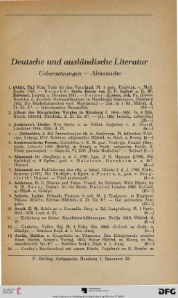 Deutsch und ausländische Literatur, Übersetzungen – Almanache (Nr. 1-464)