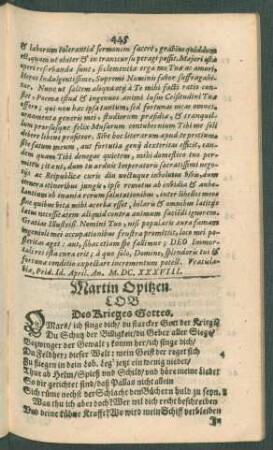 Martin Opitzen. Lob Des Krieges Gottes.
