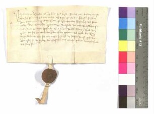 Freitag vor Mitfasten; Cunz von Veynaw verkauft an Ulrich von Hohenlohe Cunz Hofmann und zwei seiner Brüder, gesessen zu Bietfeld; Siegel: Conz von Vynaw (Veinau).