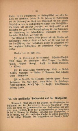 VI. Die Freisinnige Volkspartei und die Blockpolitik