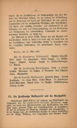VI. Die Freisinnige Volkspartei und die Blockpolitik