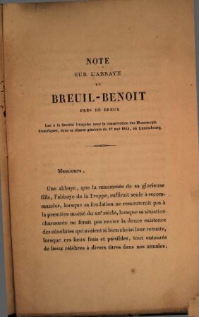 Note sur l'abbaye du Breuil-Benoit près de Dreux : (Lue à la société franç. pour la conservation des monuments historiques, dans sa séance générale du 17 mai 1845, au Luxembourg.)