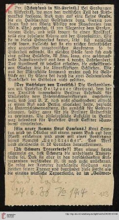 Schatzfund in Alt-Korinth, Ztgsausschn. aus: Heidelberger Tagblatt Nr. 144, 24.6.1930 (Korinth: antiker Schatzfund)