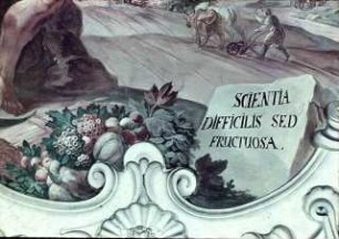 Bauer mit der Personifikation der Fruchtbarkeit vor einer Landschaft mit landwirtschaftlichen Arbeiten: "Scientia difficilis sed fructuosa"