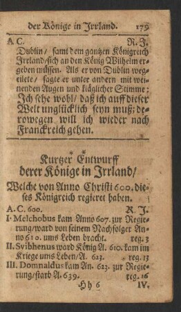 Kurtzer Entwurff derer Könige in Irrland/