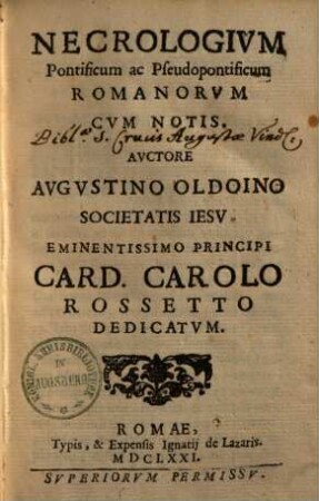 Necrologium pontificum ac pseudopontificum romanorum : cum notis