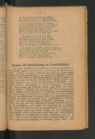 Beginn und Entwickelung der Dampfschiffahrt.