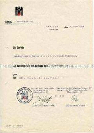 Schreiben zur Beförderung einer DRK-Zugführerin