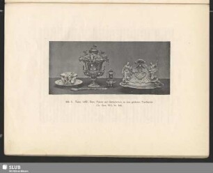 Abb. 5. Tasse, Löffel, Dose, Flakon und Gebäckschale zu dem goldenen Tee-Service (Gr. Gew. VIII, Nr. 203)
