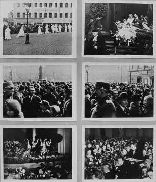 Ausstellungstafel mit Szenen aus dem Dokumentarfilm "Trauung von 70 Brautpaaren der Chlorodont-Werke", 1934. Dresden, Galerie Nord. Ausstellung "Borchert, Christian, Dresden - Bilder aus Dokumentarfilmen 1913–1949"