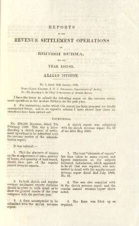 Reports on the revenue settlement operations of British Burma, for the year 1867-68. Arakan Division.