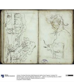 Weite Berglandschaft mit zwei Figuren / Karikatur "Dr. Wichelhausen", Rind und sitzende männliche Figur
