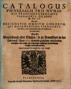 Catalogus universalis pro Nundinis Francofurtensibus : d. a. 1651 vernalibus