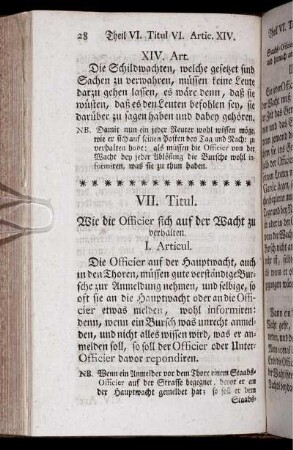 VII. Titul. Wie die Officier sich auf der Wacht zu verhalten.