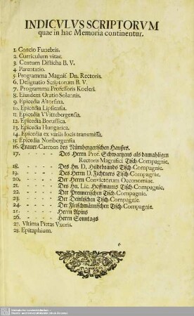 Indiculus Scriptorum quae in hac Memoria continentur