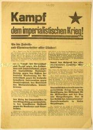 Programmatischer Aufruf an die Fabrik- und Chemiearbeiter zur Großdemonstration am 1. August gegen Imperialismus und Giftgaskrieg - pro Schutz der Sowjetunion