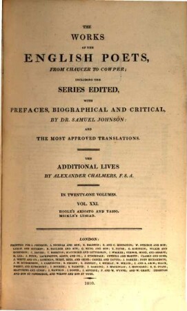 The works of the English poets, from Chaucer to Cowper : in 21 volumes. 21, Hoole's Ariosto and Tasso [u.a.]