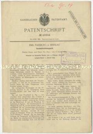 Patentschrift eines Vacuumtrockenapparates, Patent-Nr. 40844