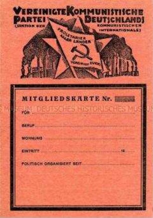 Vordruck einer Mitgliedskarte der Vereinigten Kommunistischen Partei Deutschlands
