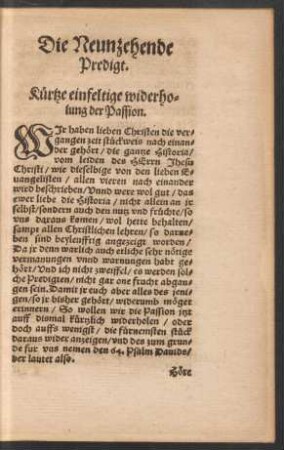 Die Neunzehende Predigt. Kürtze einfeltige widerholung der Passion.