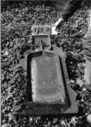 Grabstein 113 (Index: 99792206) Material: Sandstein Zustand: gut, Stele liegend Maße HxBxT: 118x58x13 cm Beschreibung: Stele, Segmentbogenabschluß, rechteckig erhöht, Schriftfeld eingetieft mit Kielbogenabschluß Symbolik: Zweige: Grabstein 113