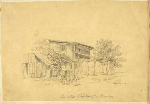 Landhaus in Fachwerk mit flach gedecktem Dach in Pieschen westlich von Dresden (Dresden-Pieschen)